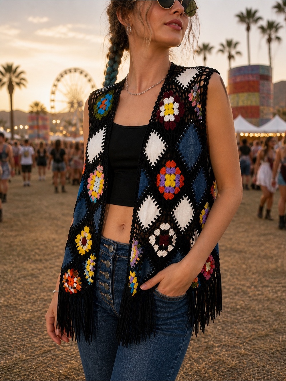 Boho Crochet Patchwork Fringe Vest – Multicolor Granny Square – Size M